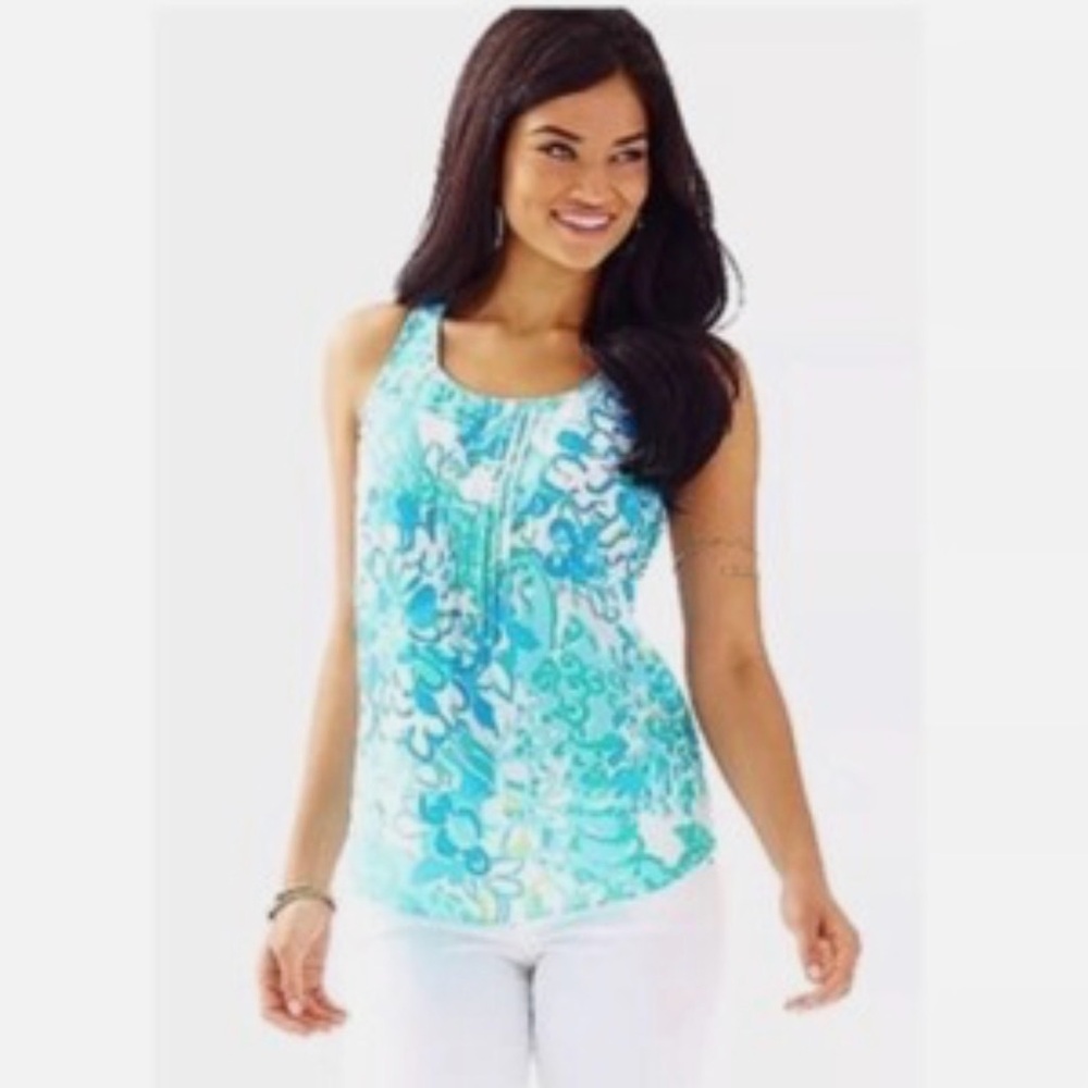 Lilly Pulitzer Aqua Teal Floral Zip-Front Tank Top